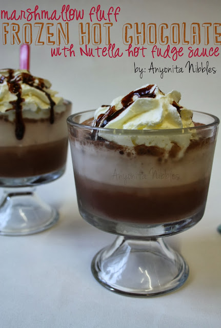 Two glasses of Frozen Hot Chocolate with Marshmallow Fluff and Nutella Hot Fudge Sauce from Anyonita Nibbles