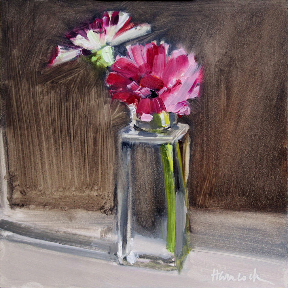 Gretchen Hancock's Paintings Zinnias Square Glass Jar Fall Flowers