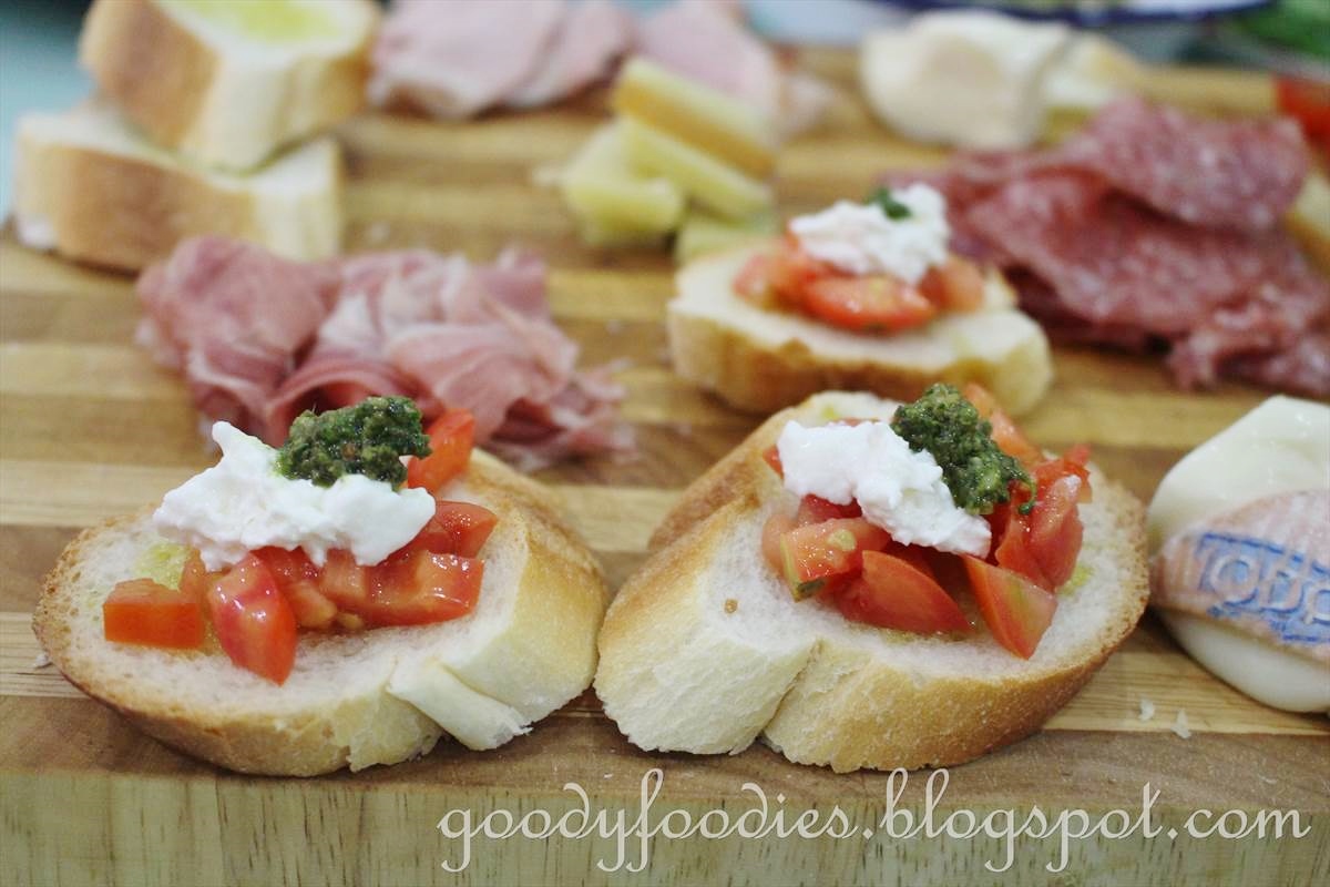 GoodyFoodies Recipe Tomato Bruschetta with Burrata Cheese and Basil Pesto
