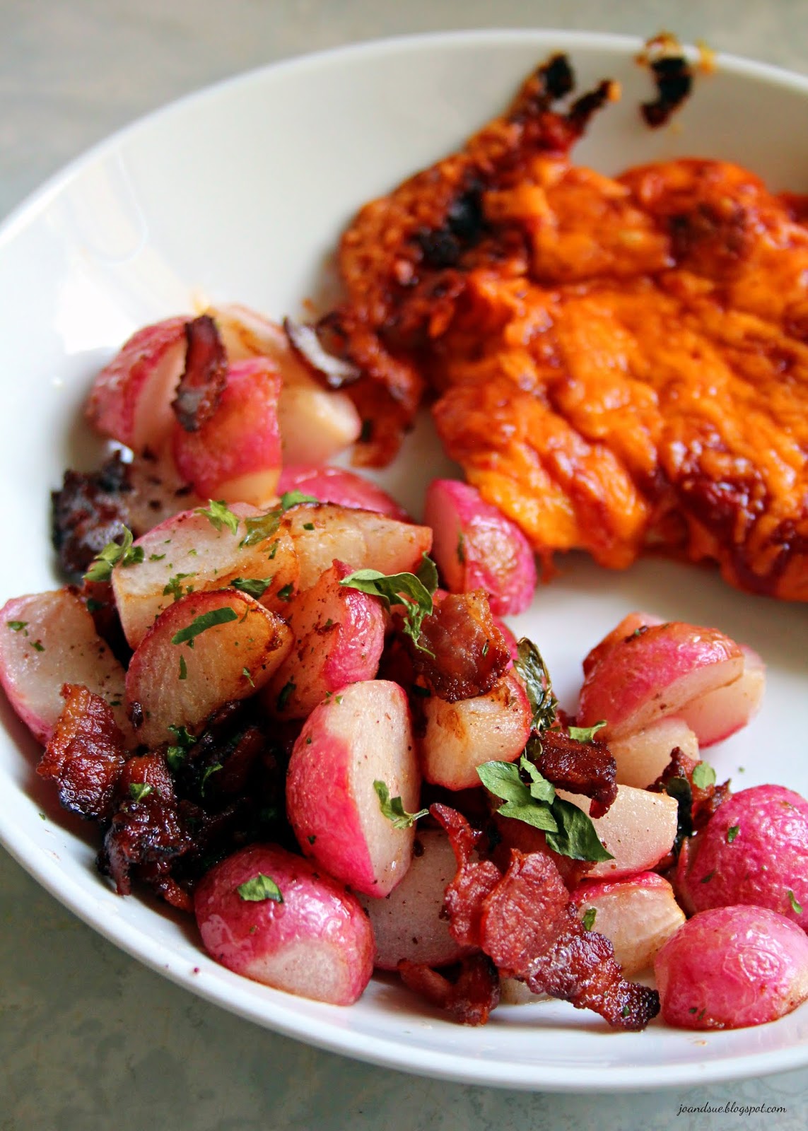 Jo and Sue Keto Bacon Fried Radishes