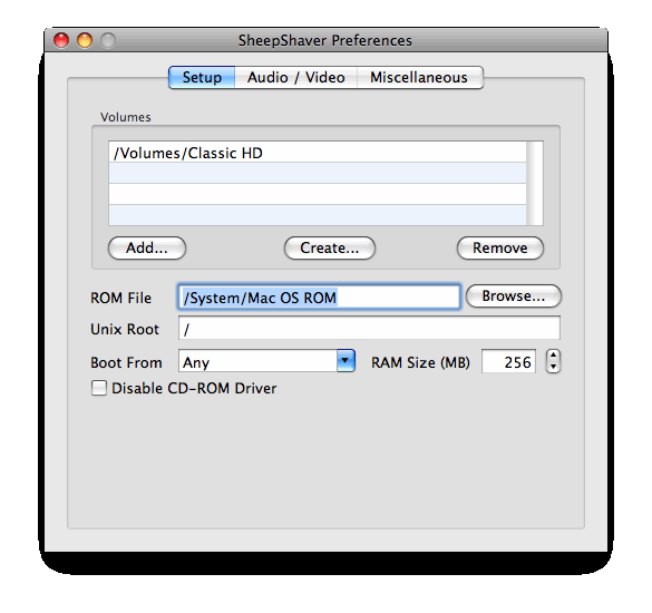 The Setup tab of the new SheepShaver Preferences window