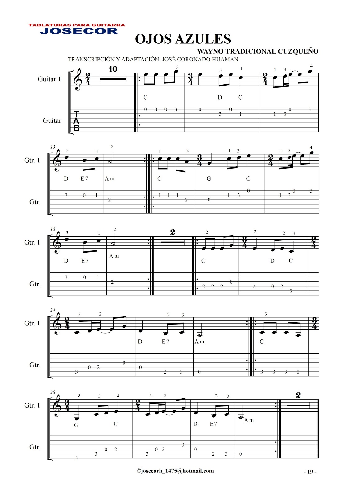 MÚSICA Y PARTITURAS JOSECOR OJOS AZULES (Guitarra 1 2 3 4 y Acordes)