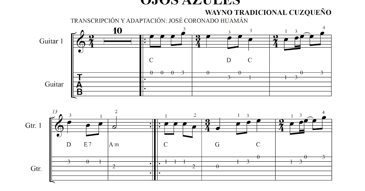 MÚSICA Y PARTITURAS JOSECOR OJOS AZULES (Guitarra 1 2 3 4 y Acordes)