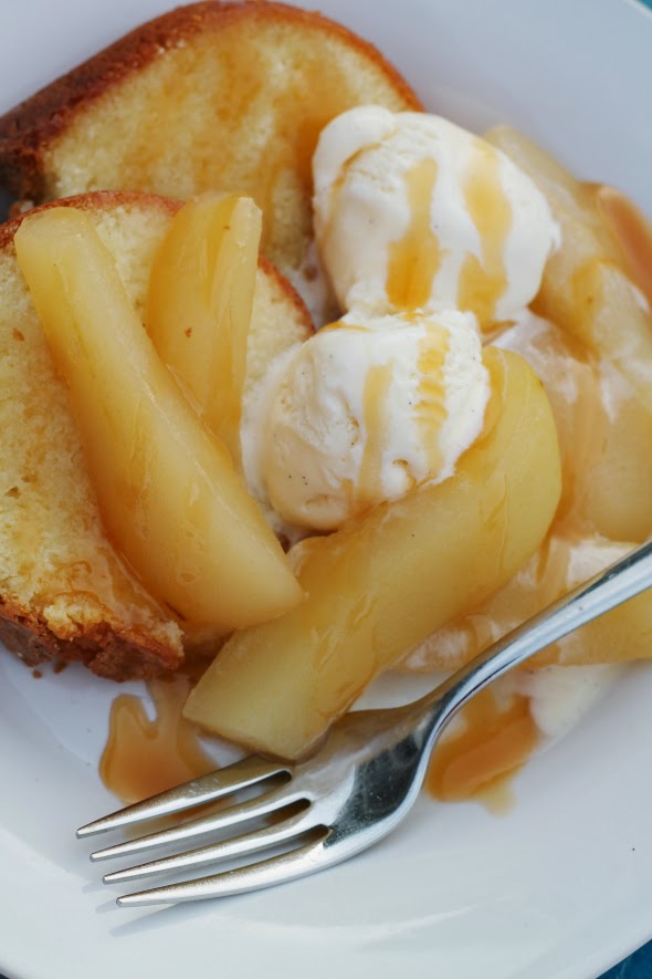Cider Beer Poached Pears served with Pound Cake and Ice Cream #CleverlyPoached #CleverGirls