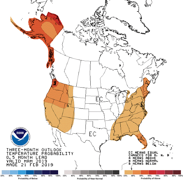NOAA climate mao that show parts of Washington with a 50% chance of warmer conditions than usual over the the next three months.