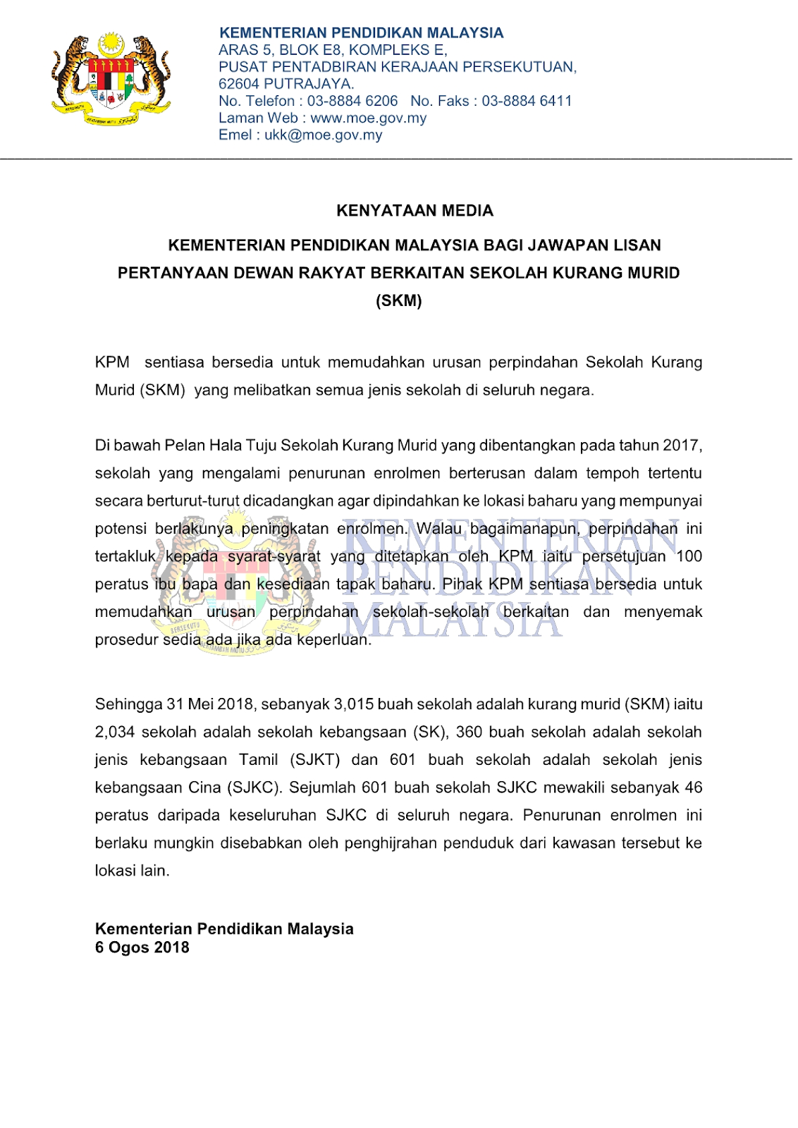 Kenyataan Media KPM Jawapan Lisan Pertanyaan Dewan Rakyat Berkaitan
