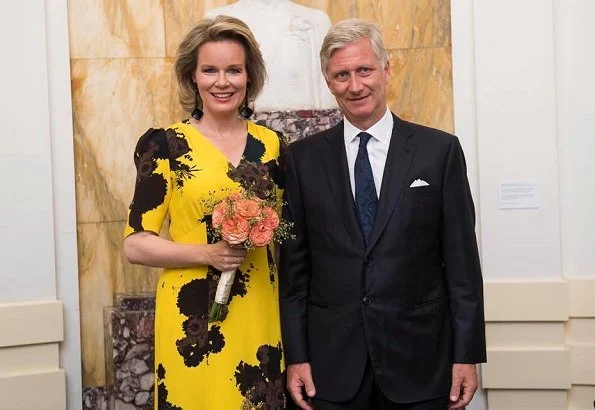 Queen Mathilde wore DRIES VAN NOTEN Print Silk-Crepe Midi Dress. Queen Elisabeth Singing Contest 2018 at the Brussels Centre for Fine Arts