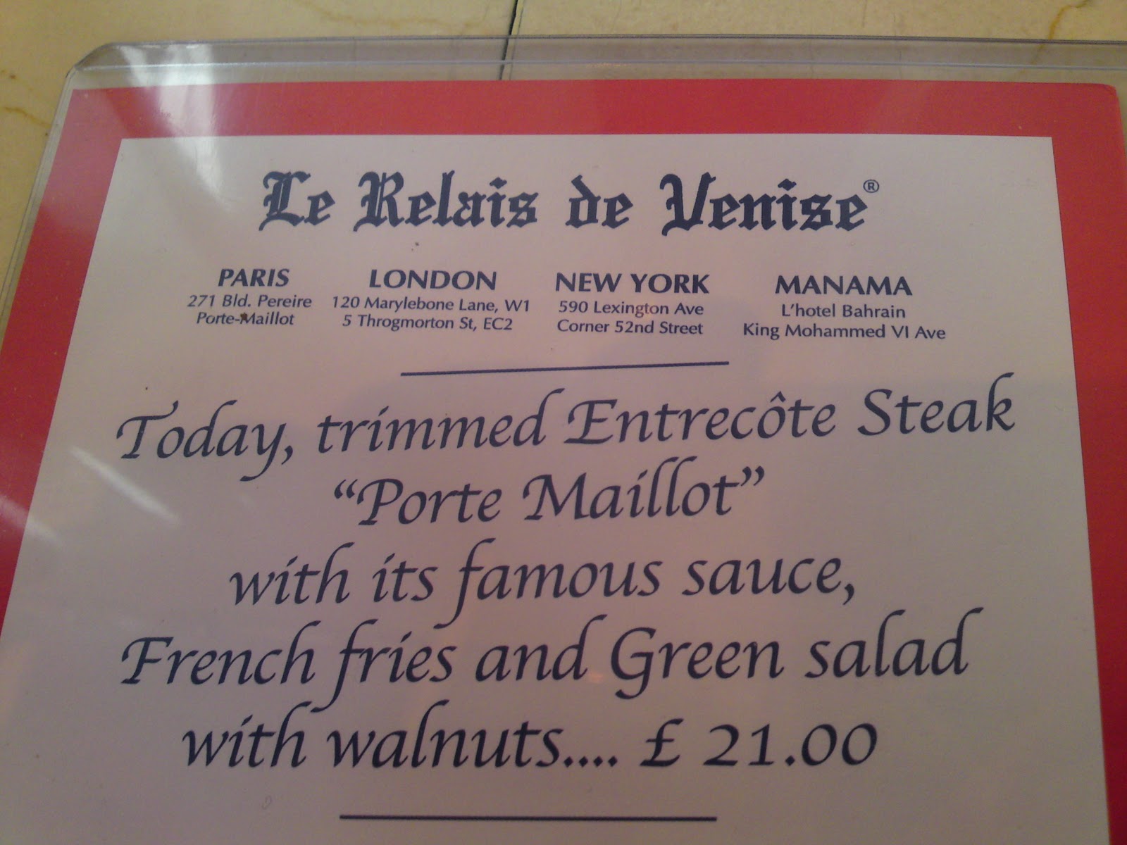 Le Relais De Venise - Son Entrecôte Menu