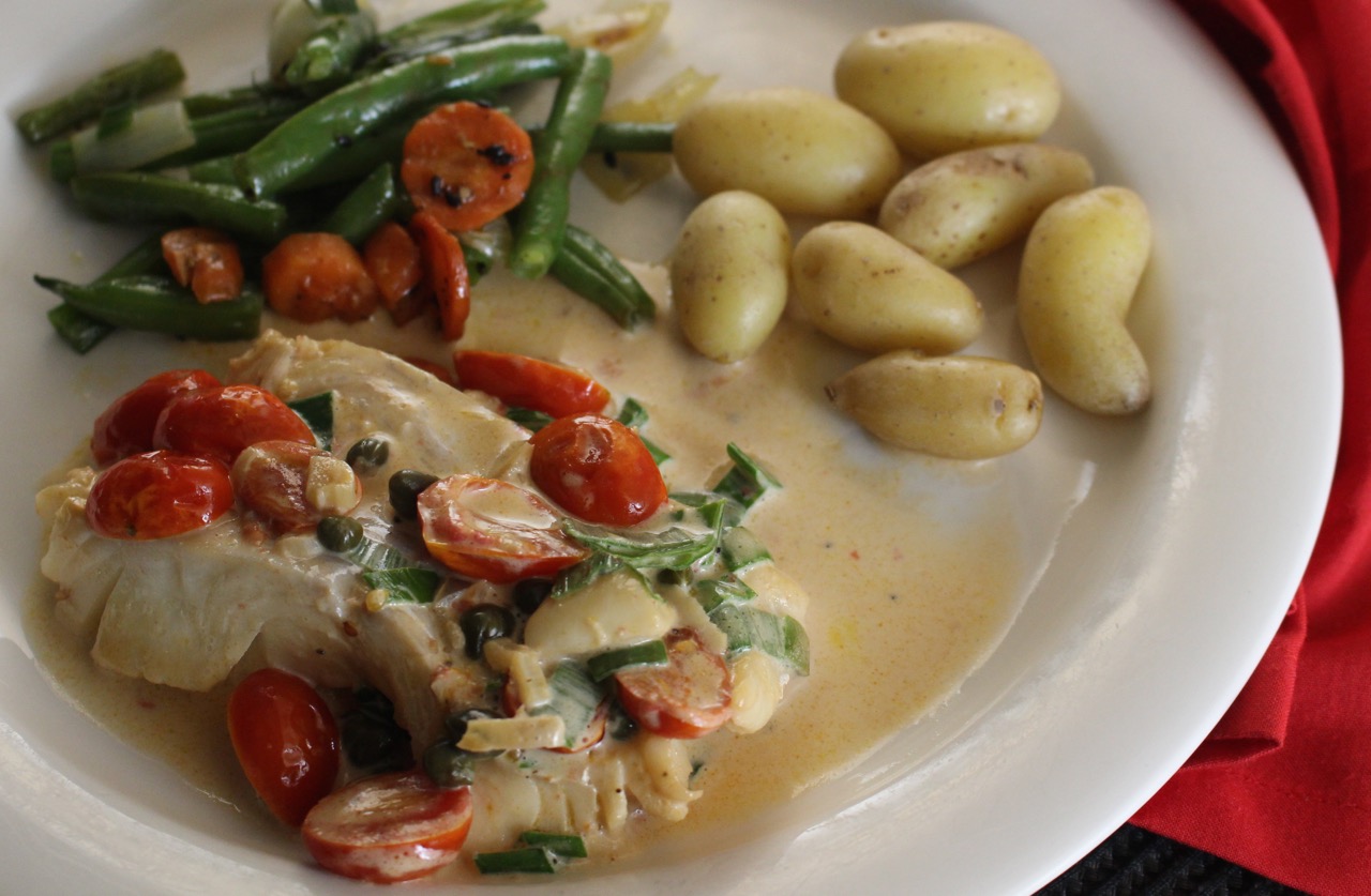 Haddock with Grape Tomato Caper Cream Sauce