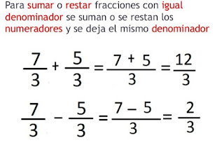 Resultado de imagen de SUMA Y RESTA DE FRACCIONES CON IGUAL DENOMINADOR