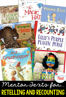 Primary mentor text suggested book list for retelling and recounting skills- reading stories, fables, folk tales, and myths to find the moral- also simple retelling skills for character, setting, beginning, middle, and end- RL1.2, 2.2, 3.2