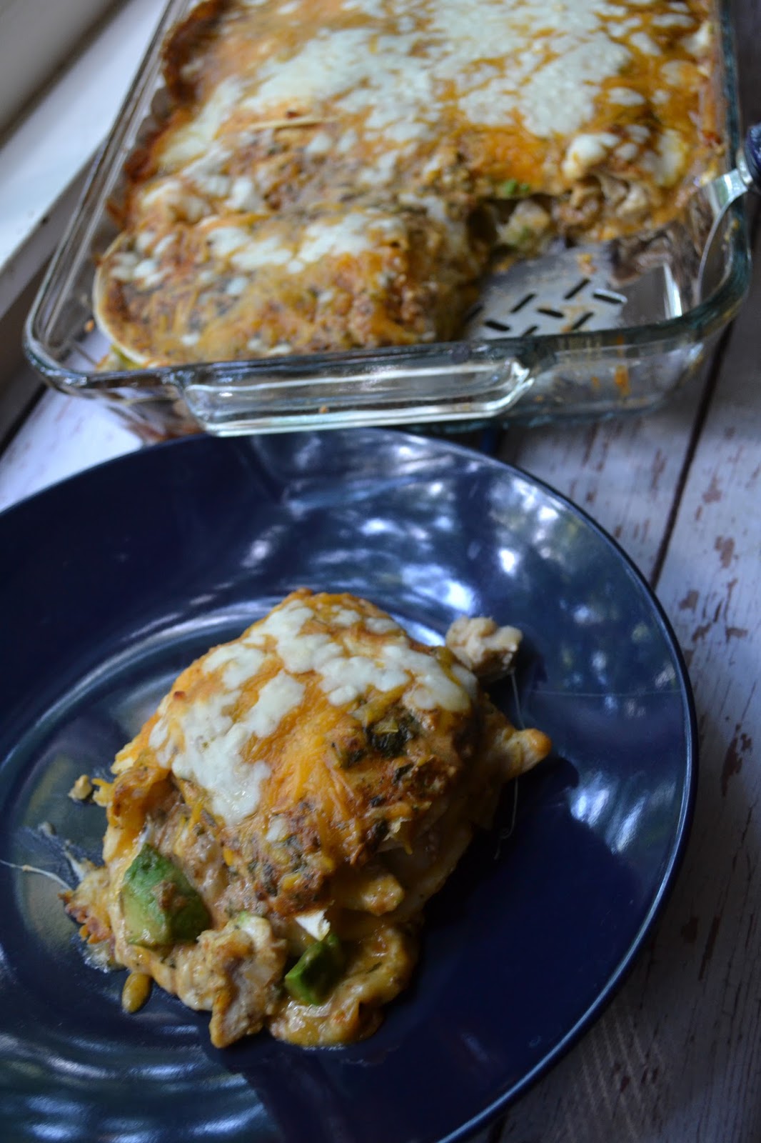 Creamy Avocado Chicken Enchilada Casserole