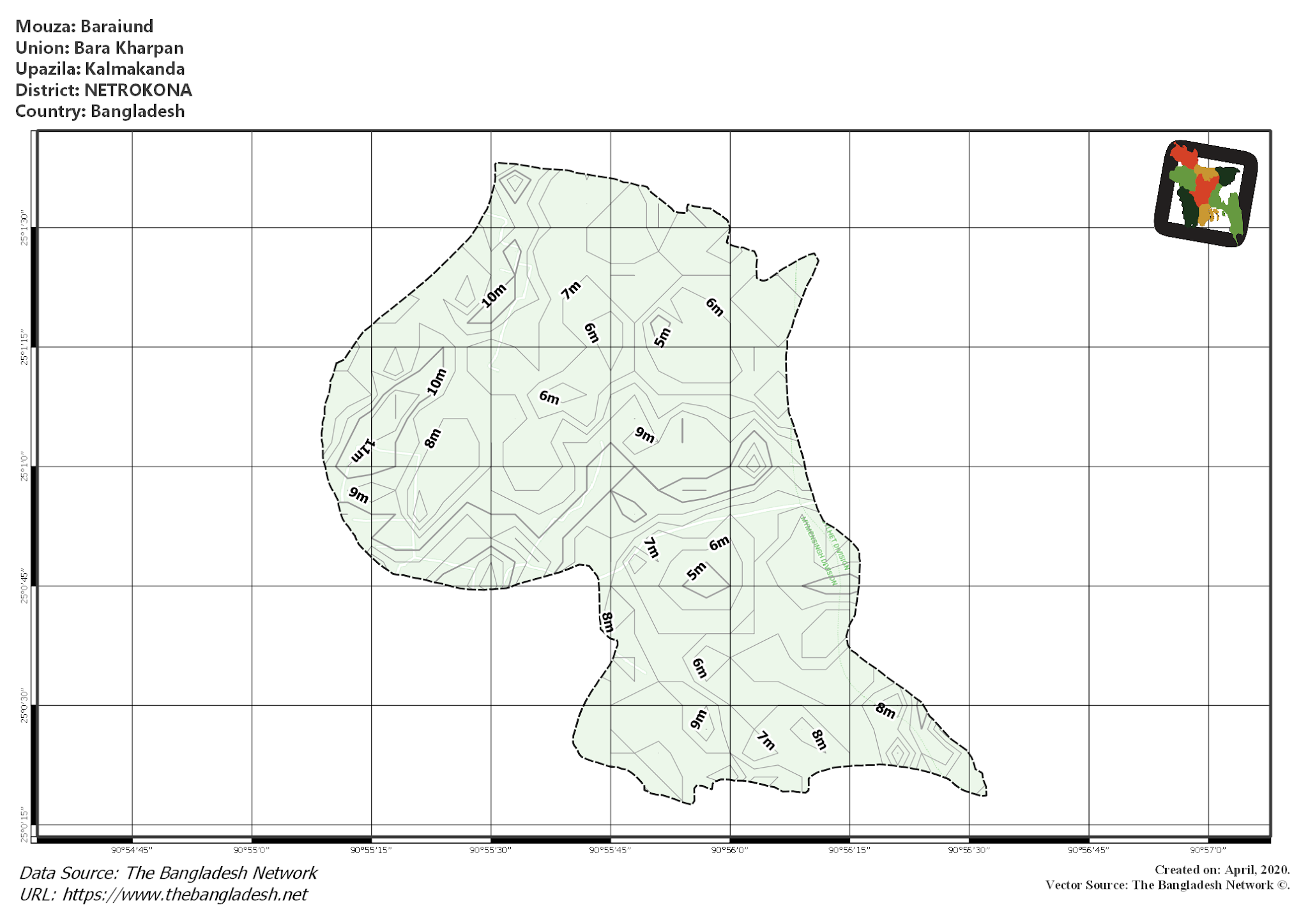 Map of Baraiund Mouza of Kalmakanda Upazila, NETROKONA, Bangladesh.