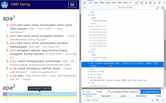 Gambar jendela Firefox ketika melakukan inspect element pada tulisan di laman kbbi.kemdikbud.go.id