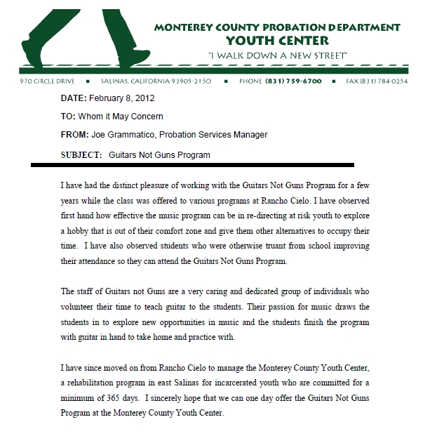 Guitars Not Guns Monterey County Recognition