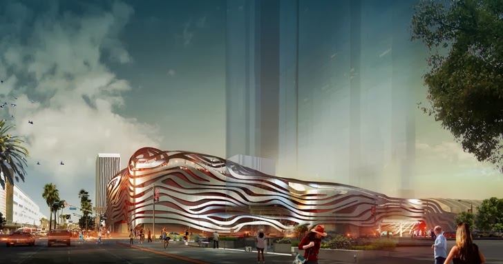 Street view of the new facade on Petersen Automotive Museum in Los Angeles