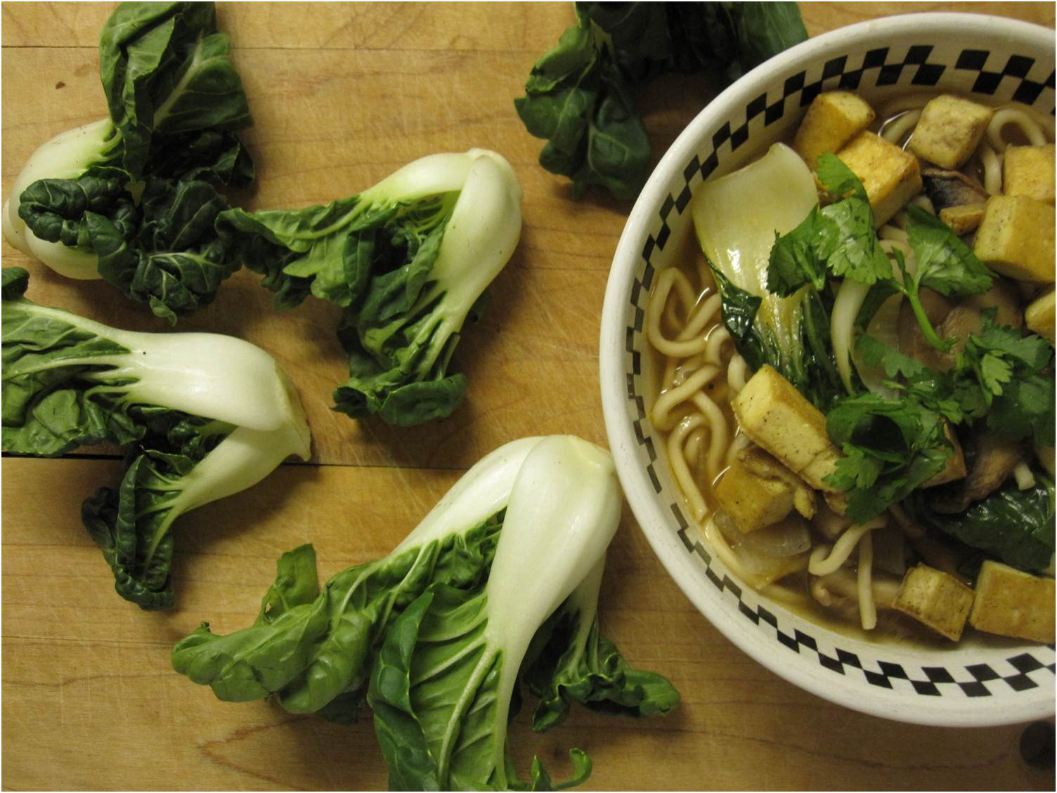 Edible biology Miso soup with tofu, broccoli, bok choy and mushrooms