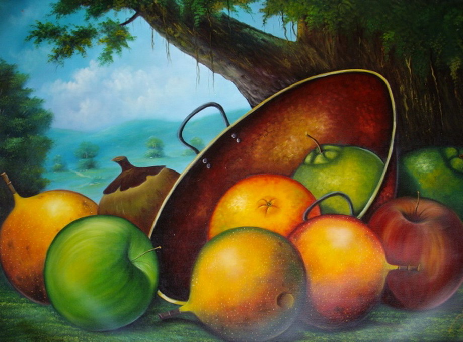 EL ARTE Y ACTIVIDAD CULTURAL: Cuadro de frutas con paisaje de fondo,  Gabriel Nieto