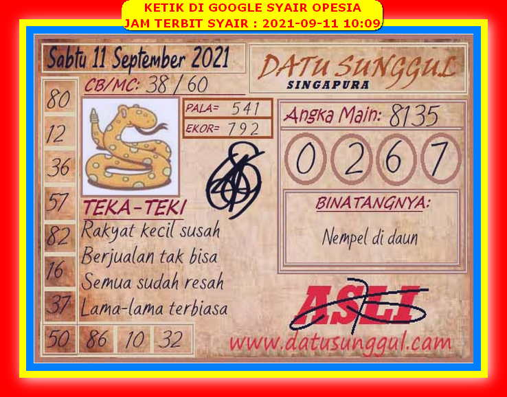 Syair Sgp Hari Ini Sabtu 11 September 2021 Opesia Official