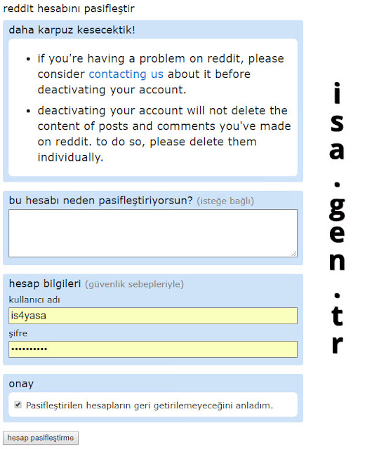 reddit hesabı pasifleştir