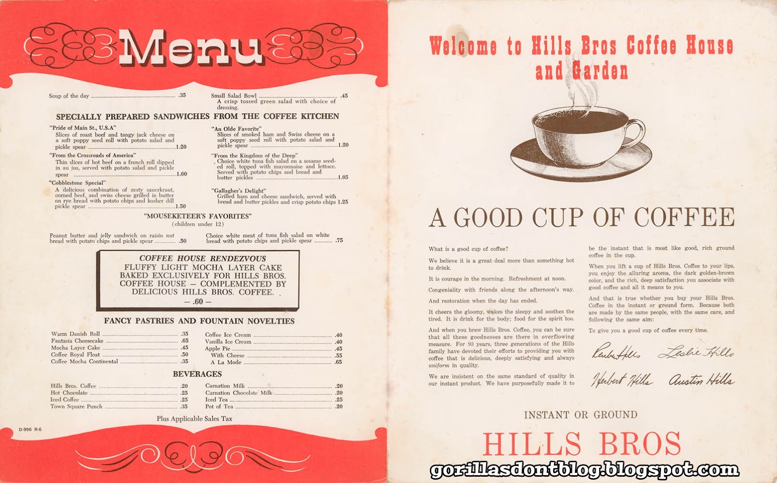 GORILLAS DON'T BLOG Hills Bros. Coffee House Menus
