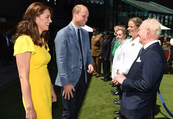 Kate Middleton wore Dolce & Gabbana Cap Sleeved Cady Midi Dress and gold earrings. Catherine, Duchess of Cambridge and Prince William