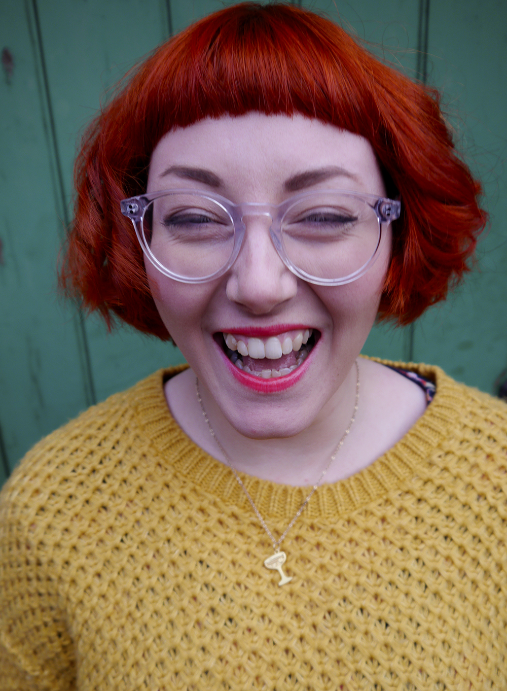 Vintage style, vintage floral dress. vintage kilo sale, mustard chunky knit jumper, cody style, comfy outfit, brown zara boots, The Lucky Dip Club charm necklace, Scottish Blogger, red head, ginger bob, Iolla clear glasses
