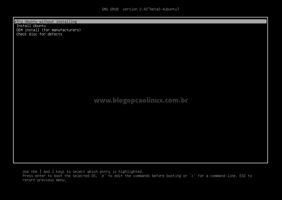 Tela de boot da mídia de instalação do Ubuntu em sistemas UEFI