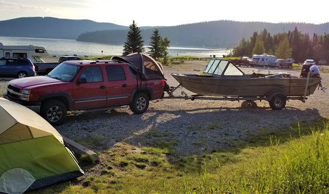 Quartz Lake, truck with tent and boat, tent on the ground