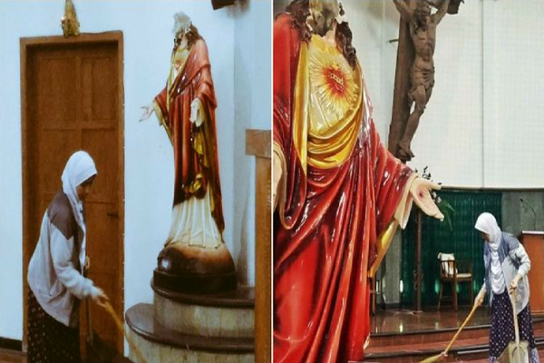 Usai Gereja Bedog Diserang, Viral Aksi Wanita Berhijab Bersihkan Gereja Usai Gereja Bedog Diserang, Viral Aksi Wanita Berhijab Bersihkan Gereja