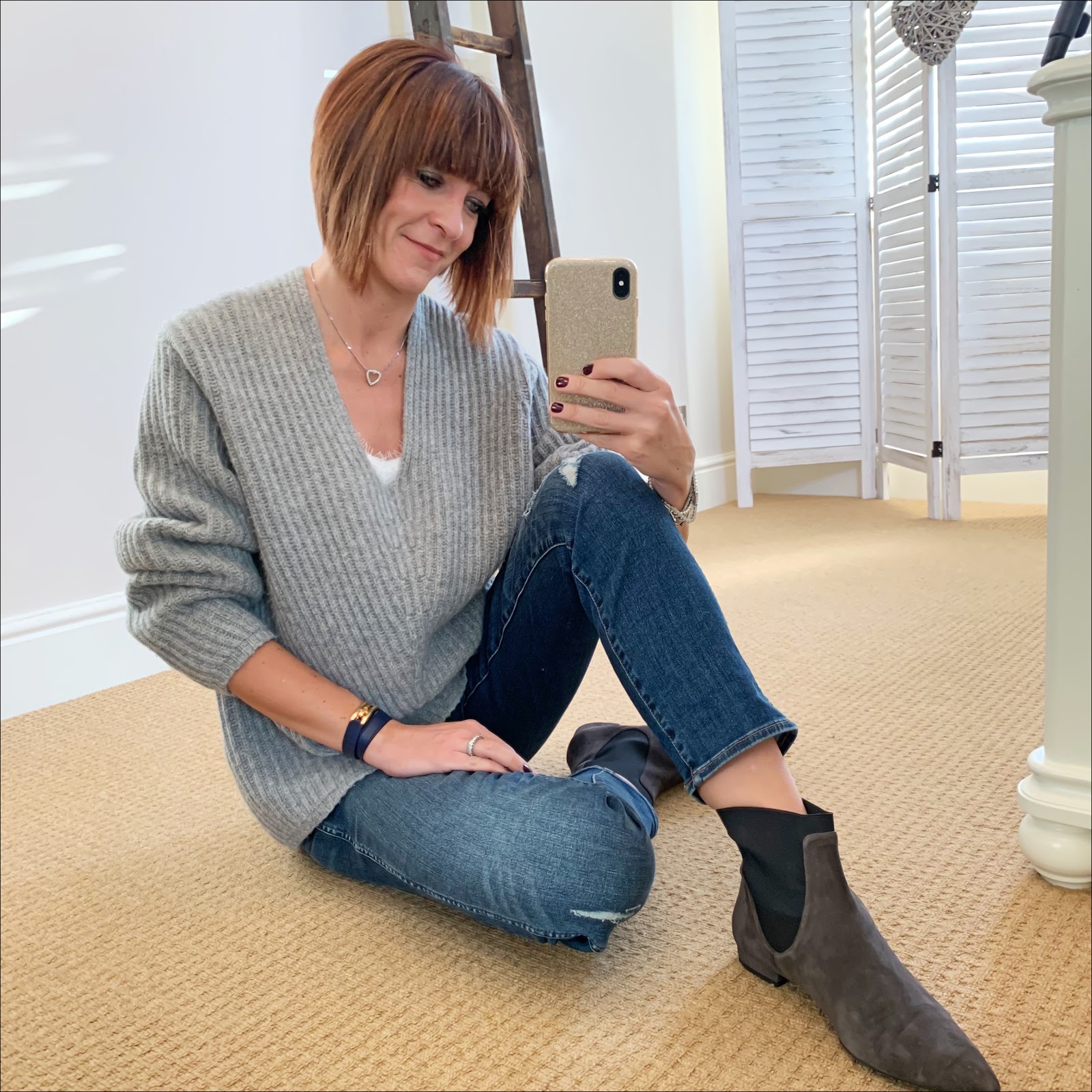 my midlife fashion, acne studios ribbed v neck jumper, zara lace trim camisole, j crew vintage straight jeans rip and repair, madeleine soft suede chelsea boots