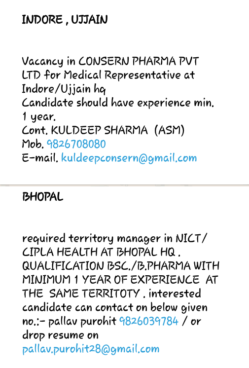 Cipla and Consern Pharma Medical Sales Representative PHARMA JOB FINDER