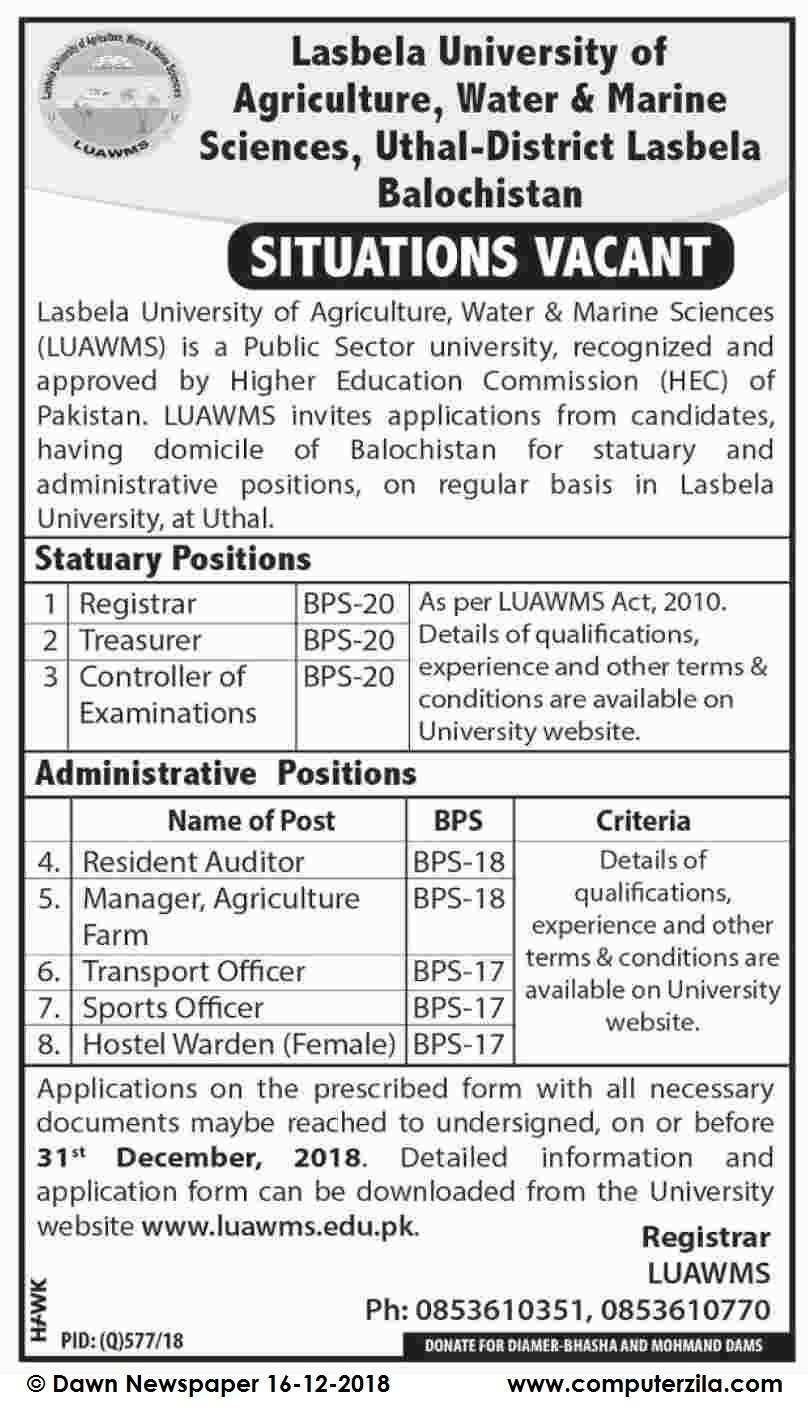 Situation Vacant at Lasbela University of Agriculture, Water & Marine Sciences