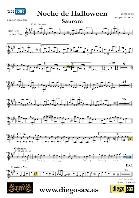 Partitura de Noche de Halloween para Saxofón Alto, Barítono de Saurom También sirve para trompa Sheets Music Alto and Baritone Saxophone Music Scores Halloween Night by Saurom