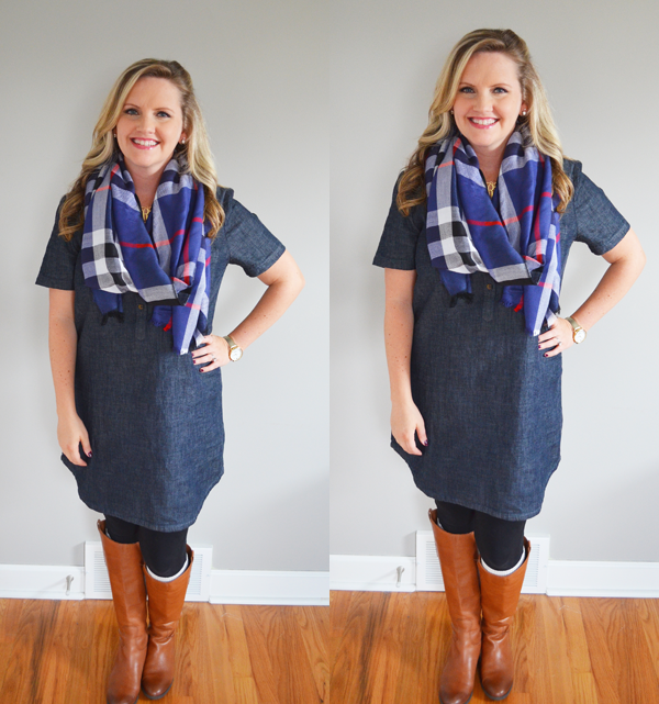 shirt dress with leggings and boots