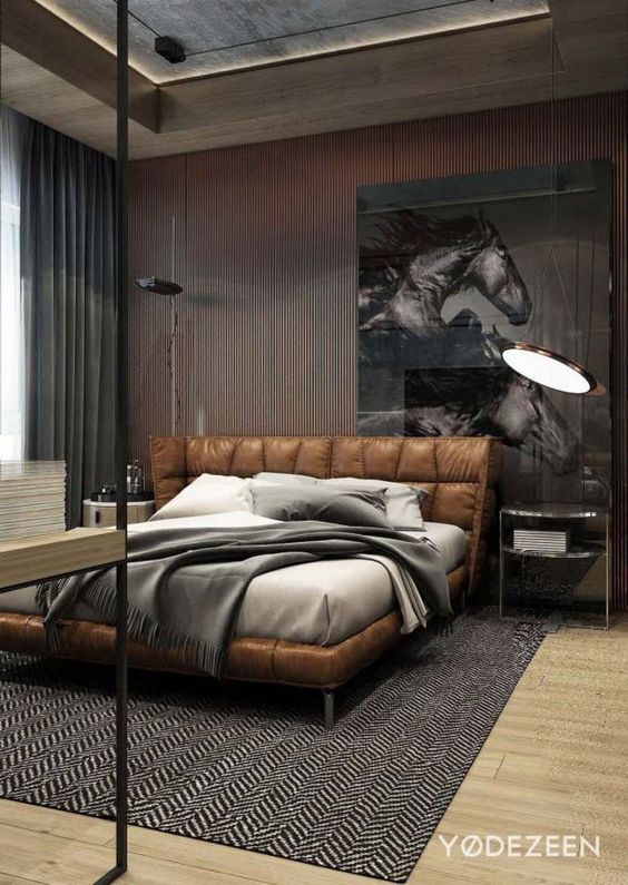 A Masculine bedroom with quilted bed-great for cocooning.