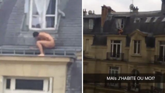 Naked man caught on camera hiding outside on the roof Naked man caught on camera hiding outside on the roof