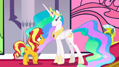 Sunset reuniting with Celestia, who looks displeased