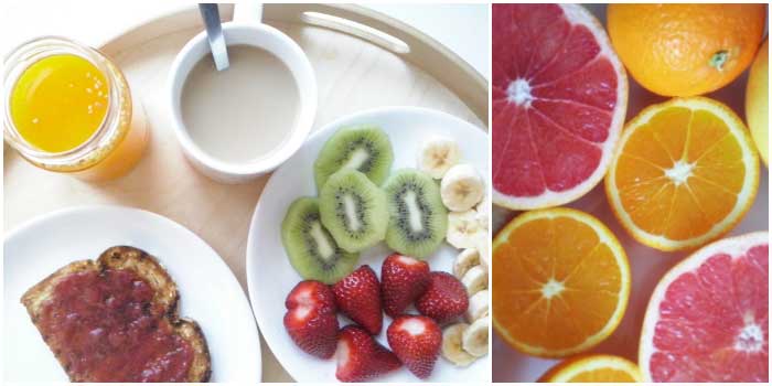 Un desayuno completo, fruta, cereales, lácteos. Desayuna, empieza el día con energía.