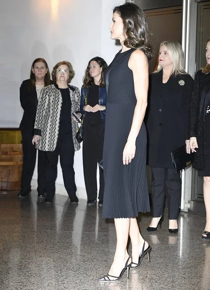 Queen Letizia wore Boss micro sleeveless plisse dress. Hugo Boss Dionia fit and flare dress