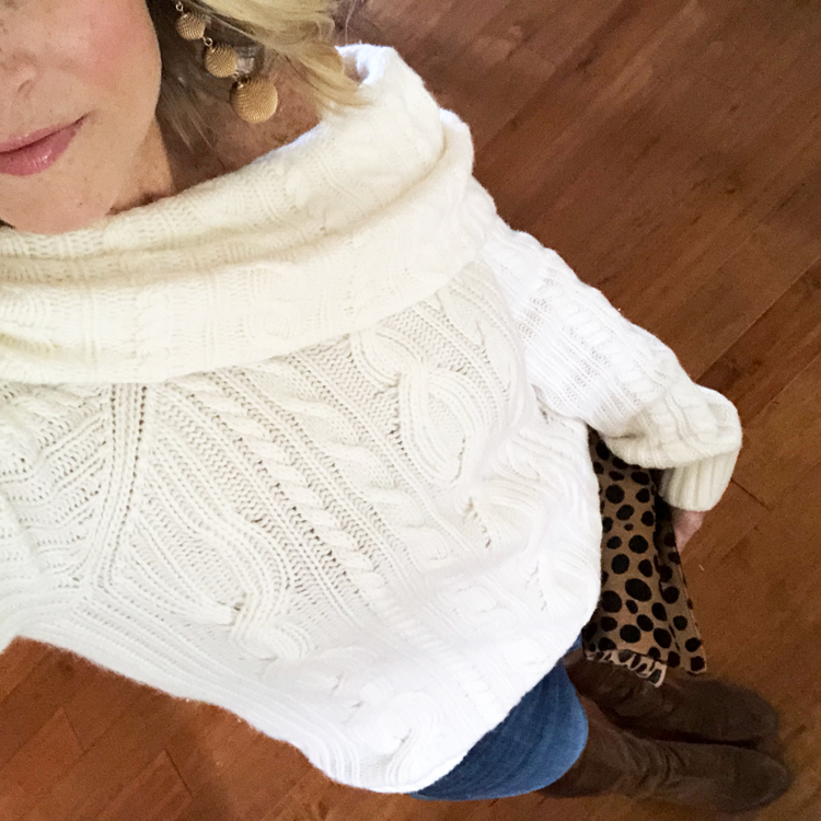 off the shoulder sweater with skinny jeans and over the knee boots
