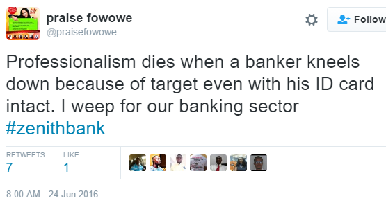 0 Nigerian twitter users react to photos of a Zenith Bank staff kneeling before Fayose