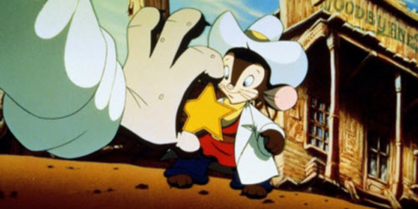 Miley gets the sheriffs badge An American Tail: Fievel Goes West 1991 animatedfilmreviews.filminspector.com