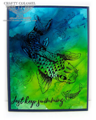 CraftyColonel Donna Nuce for Cards in Envy challenge.  One layer.  Alcohol Inks on Yupo.  Emerald Creek Stamp Upstream.