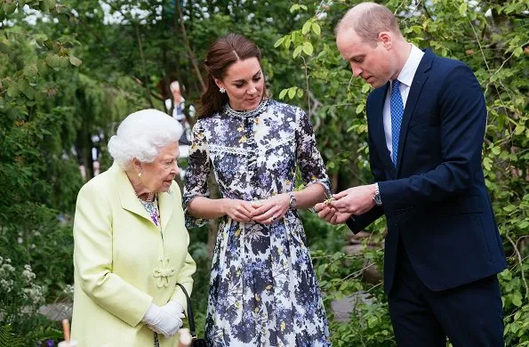 Kate Middleton, The Duchess of Cambridge, wore Erdem Shebah floral cotton-silk gown. Queen Elizabeth