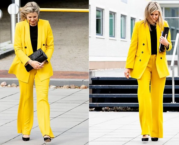Queen Maxima wore a Zara yellow double-breasted blazer and Zara yellow trousers