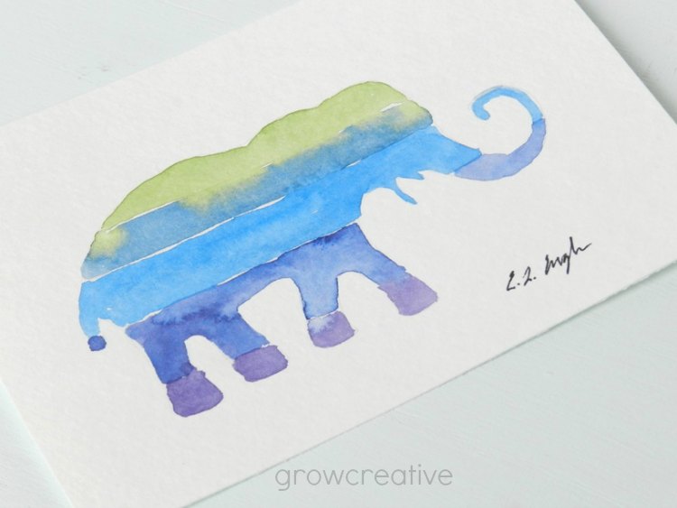 Purple, Blue, and Green, Striped Elephant Watercolor Painting: Grow Creative