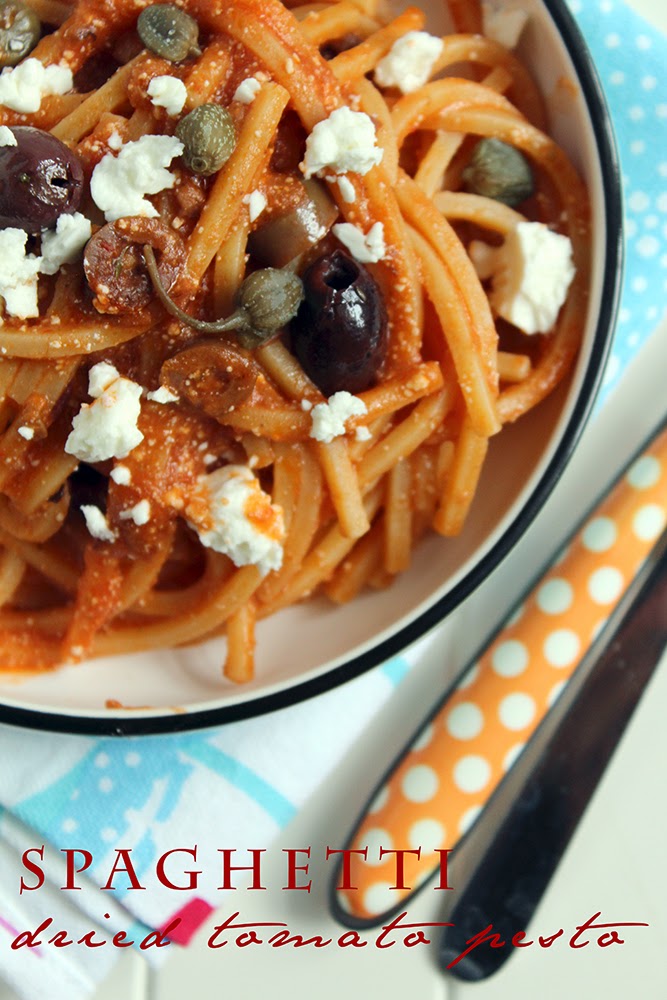 spaghetti with dried tomato pesto and quartirolo cheese