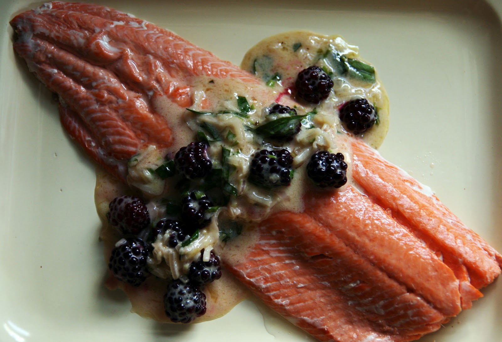 Salmon with Blackberry Creme Fraiche Tarragon Sauce Recipe mostly