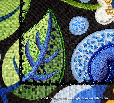 Lower left hand leaf filled with pairs and single green beads (para), original filling. (Wild Child Japanese Bead Embroidery by Mary Alice Sinton)